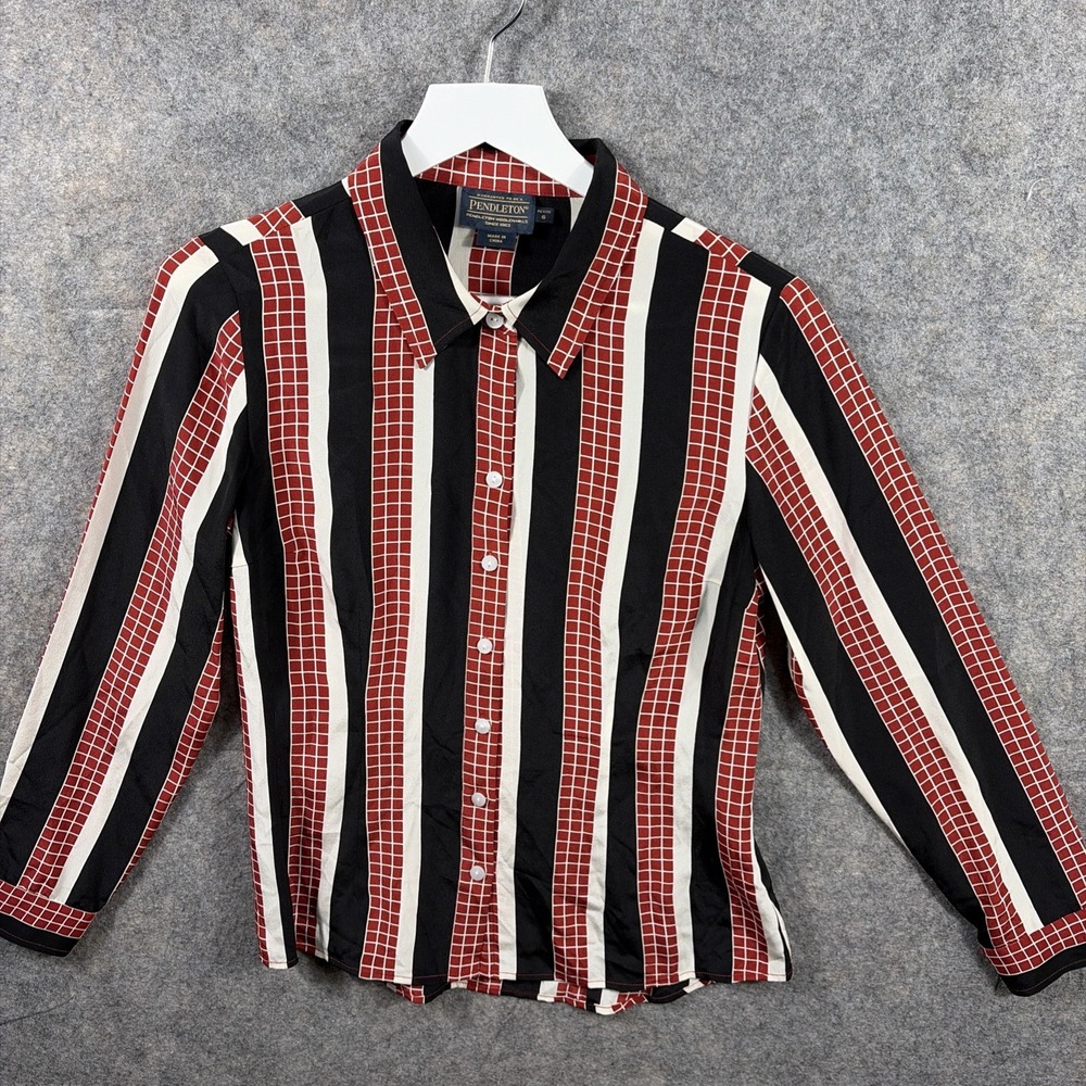 Pendleton Womens Silk Red Black Stripe Long Sleeve Blouse Size 6P‎